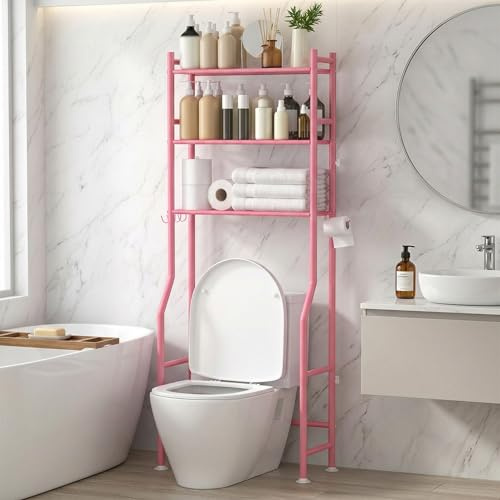 GloTika Estante de baño de metal de 3 niveles para ahorrar espacio, estante de almacenamiento independiente sobre el inodoro con 4 ganchos para baño, color rosa