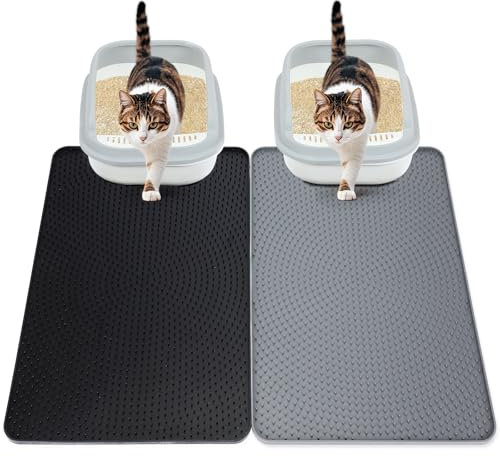 PETTOM Katzenklo Matte Silikon 2 Stück, 76 x 53 cm Katzenstreu Matte, Katzenmatte Katzenklo Wasserdicht Rutschfest, Matte Katzenklo Unterleger, Grau & Schwarz