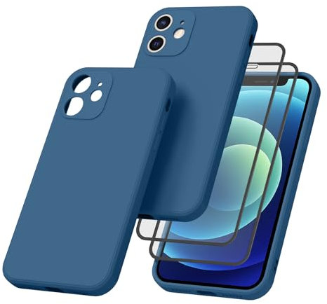 Meliya Coque pour iPhone 12 Mini 5.4” avec 2 Pieces Verres Trempés, Étui en Silicone avec Doublure en Microfibre Souple, Conception Spéciale de Bord Droit