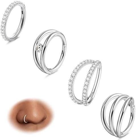 CASSIECA 4Pcs Nasenpiercing Ring CZ Nasenring Hoop 316L Chirurgenstahl Helix Piercings Septum Ring Nasenpiercing Conch Tragus Daith Piercing Ring Silber Ohrpiercing Knorpelohrring Lippenring 18G