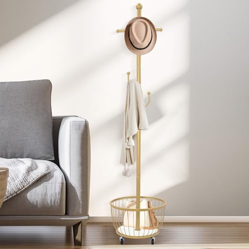 RUETERY Porte-manteaux en métal en forme d'arbre avec fond rond en osier et roues universelles, 6 crochets, hauteur 168 cm, pour couloirs, chambres, salons, salles de bains
