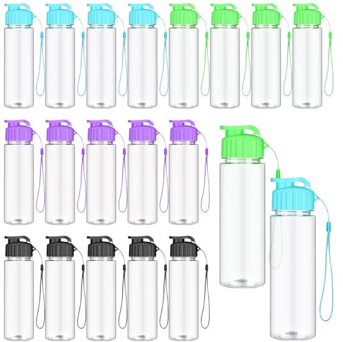 LYCN 20 Pcs Plastic Water Bottles Bulk for Kids, 500ml Clear Flip Top Sports Water Bottle with Lids and Handle Strap Leak Proof Tumbler for Adults & Kids School Gym Travel Outdoor - 4 Colors