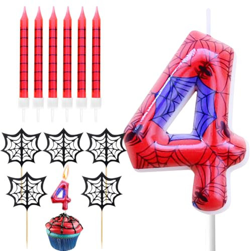 Geburtstagskerzen Zahlen 4, Spinnennetz Kerze 4. Geburtstag, Geburtstagskerzen kuchen mit 6 Lange Kerzen Cake Topper, Rot Kerzen Zahlen für Kuchen Spinne Thema Party Deko