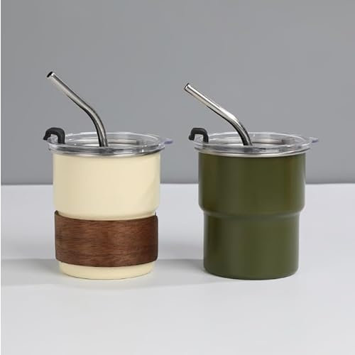 Wandefol Set of 4 Stainless Steel Cups 300ml/10oz, Double Wall Stackable Coffee Cup Metal Tea Cup Chilling Beer Glasses Reusable Drinking Mug for Camping Picnic Home Party with Straws and lids