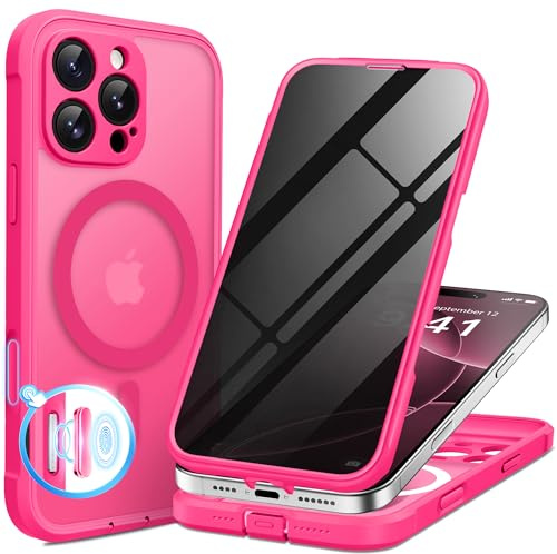 BERFY for iPhone 16 Pro Case, Compatible with MagSafe,Hot Pink | Built-in Privacy Screen Protector, Full Camera Protection, Shockproof Full Body Magnetic Clear Phone Case 6.3