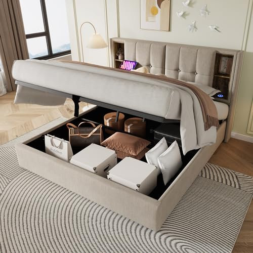 4ft6 Double Bed Frame with Hydraulic Lift & Storage Headboard, Linen Functional Upholstered Ottoman Bed with USB Tyep-C Wireless Charging, Gas Lift Beds with Storage&Wooden Slats, Natural,No Mattress
