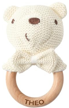 Mamimami Home Personalisierte Gehäkelte Babyrassel Häkeln Holz Greifling Baby Rassel Geschenk zur Geburt Handmade Junge und Mädchen,Geschenk zur Geburt(Eisbär)