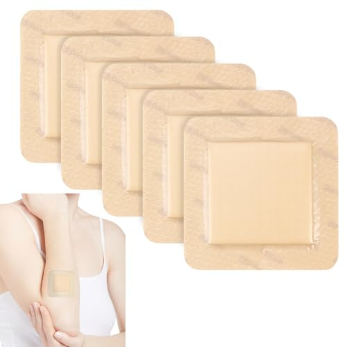 5 Stück Silikonschaumverband 10cm x 10cm (6,5cm x 6,5cm Wundkissen), Silikonkleber Schaumstoffverband, Selbstklebender Wundverband, Wasserdichter Wundpflaster, für Dekubitus, Verbrennungen, Blasen