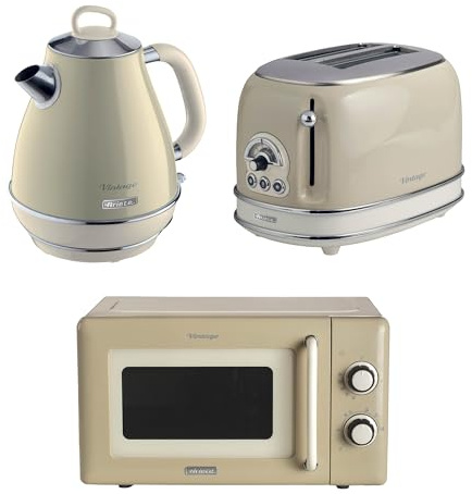 Ariete Vintage Breakfast Set, Retro 2-Slice Toaster with 6 Browning Levels, 2000W Fast-Boil 1.7L Kettle & 800W Microwave, Cream