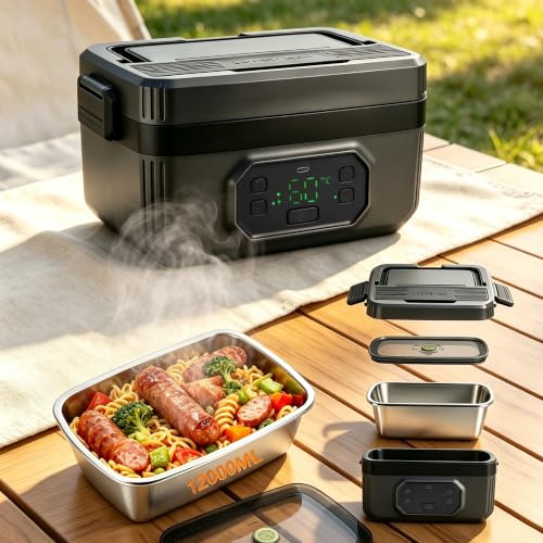 Strixorn Elektrische Lunchbox mit Akku 21000mAh 1.2L Kabellose Beheizte Lunchbox für Erwachsene mit Automatischer Aufheizfunktion, USB Heizbare Brotdose, Edelstahl-Innenbehälter - Kein Besteck