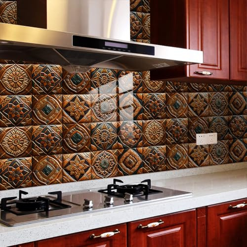 Tile Stickers Vintage Copper Stick On Tiles,PVC Floor Tiles Self Adhesive,Waterproof & Oil-Proof Peel and Stick Kitchen DIY Backsplash Decor 10 PC(15x15cm)