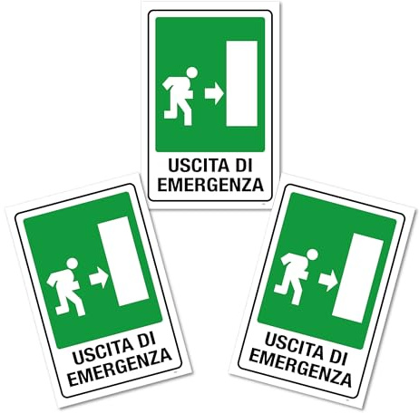 Set 3 Pezzi Cartelli Uscita Emergenza 20x30 cm in PVC – Segnaletica Alta Visibilità Verde Bianco, Facile Applicazione, Per Azienda Ufficio Negozio