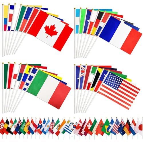 48 Paesi Coppa del Mondo 2026 - Piccole bandierine decorative in tessuto, tenute a mano, mini bandierine per campionati del mondo di calcio con 30 cm di palo bianco, ideale per feste e feste