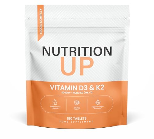 Vitamin D3 & K2 Tablets 4000IU + 100ug MK-7 – 180 High Strength Tablets – Supports Bones, Immune System & Calcium Absorption – UK Made