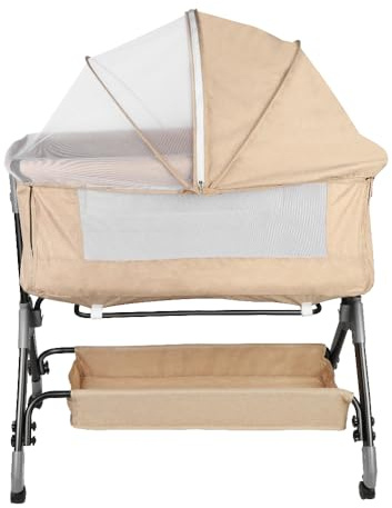 HUOLE Baby Beistellbett Höhenverstellbar, Babybett mit Matratze & Rollen, Tragbares Reisebett für Baby 0-6 Monate, Stubenwagen mit Aufbewahrungskorb, 104 x 52 x 100–110 cm – Cremeweiß
