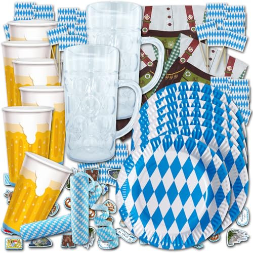 ORDENO Oktoberfest Partygeschirr Set Bierparty blauweiß - Oktoberfest Deko, Partygeschirr, Tischdeko und wiederverwendbaren, Kunststoff Maßkrügen in Glasoptik