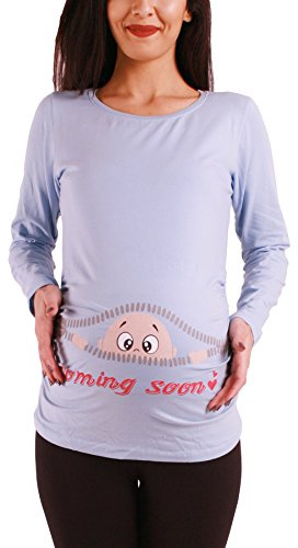 M.M.C. Coming Soon - Lustige witzige süße Umstandsmode Umstandsshirt Sweatshirt Schwangerschaftsshirt mit Motiv für die Schwangerschaft, Langarm (Babyblau, Medium)