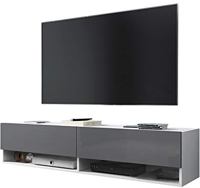 Selsey Wander – TV-Lowboard/TV-Schrank in Weiß Matt/Grau Hochglanz hängend/stehend mit LED 140cm