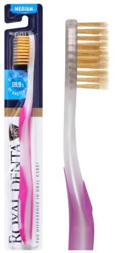 Spazzolino manuale medio per adulti, filo interdentale con oro, rosa, Royal Denta