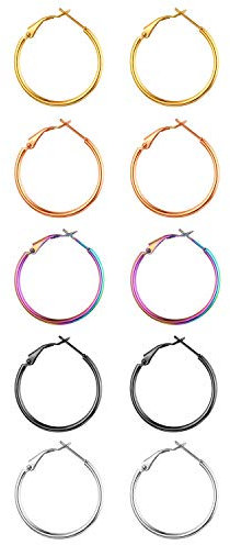 JewelryWe Schmuck 5 Paare Creolen Damen Edelstahl Hochglanz Poliert Große Ring Ohrringe Ohrhänger Ohrstecker Ohr-Piercings für Frauen Mädchen Silber/Gold/Rosgold/Schwarz/Bunt - Durchmesser: 30 mm