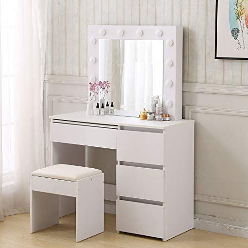 Levede Vanity Desk with Mirror and Stool, Wooden Dressing Table Set with Drawers, 3 Colors LED Bulbs Makeup Table for Bedroom, Dressing Room (White)