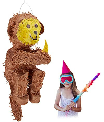 Relaxdays 2 x Pinata AFFE, zum Aufhängen, Kinder, Mädchen & Jungen, Geburtstag, Dschungelparty, zum Befüllen, Papier, braun