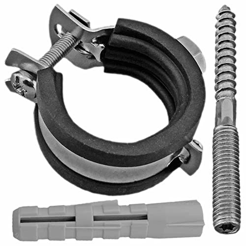 MegaHaustechnik Gelenk-Rohrschellen aus Stahl verzinkt, Set 10 Stück mit Stockschrauben und Dübel, Spannbereich 26 bis 30mm Rohr-Außendurchmesser 3/4 Zoll, mit Schallschutz, mit M8 Gewinde-Mutter