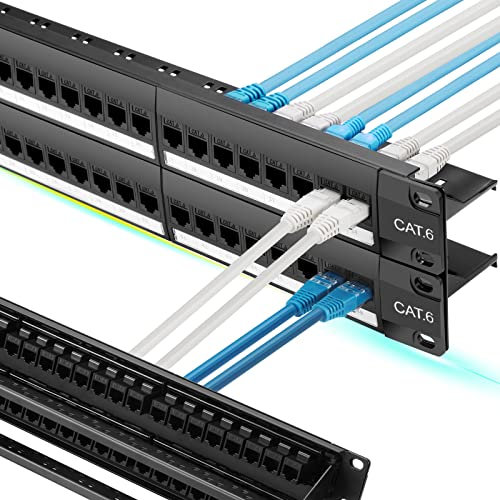 Panneau de brassage 48 ports Cat6 avec prise en charge Keystone 10G, panneau de brassage Rapink PassThru UTP 48 cm avec barre arrière amovible, panneau de brassage réseau 1U pour câblage Cat6,