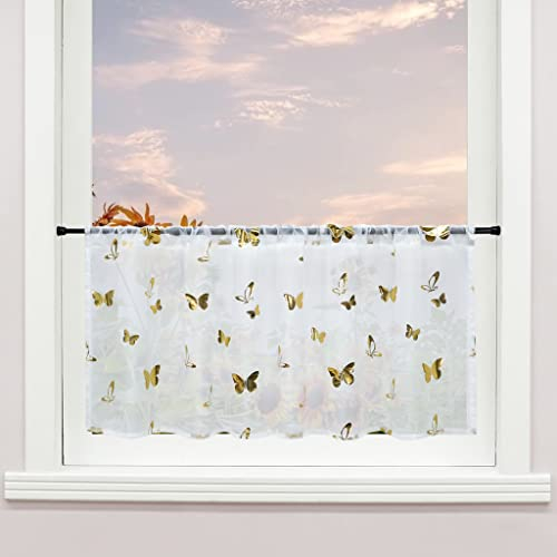 Delien Scheibengardine Voile Bistrogardinen mit Durchstangenzug Gardine Küche Kurzstores »Schmetterling« Transparente Kurzgardine Schals Esszimmer Kurzer Vorhang BxH 120x45cm,Gold