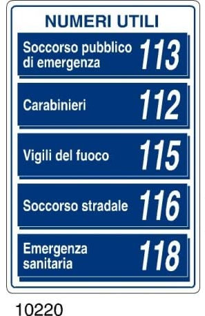 NEW CARTELLO SEGNALETICO - Numeri Utili MOD 2 - Adesivo Extra Resistente, Pannello in Forex, Pannello In Alluminio (ADESIVO 30X42 cm)