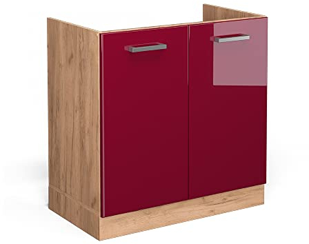 Vicco Spülenunterschrank R-Line, Bordeaux Hochglanz/Goldkraft Eiche, 80 cm ohne Arbeitsplatte