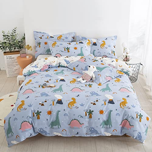 DJY Dinosaur Duvet Cover Set Twin, 100% Cotton Blue White Reversible Kids Bedding Set for Boys Girls, 2 Pieces Ultra Soft Breathable Comforter Cover Set (1 Duvet Cover+1 Pillowcase)