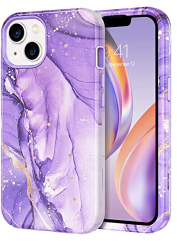 YINLAI for iPhone 13 Case Marble Pattern 3 in 1 Full Body Rugged Hard PC Back Cover Bumper, Soft Silicone Drop Shockproof Protection Girly Women Case for iPhone 13 6.1 Inch, Purple