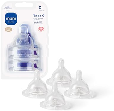MAM Teats Size 0 | 4 Pack | Extra-Slow Flow | Fits All MAM Bottles | Made from SkinSoft Silicone | Baby Accessories for Newborn