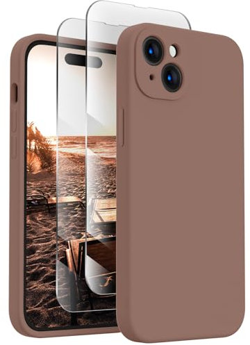 FireNova Designed for iPhone 15 Case, Silicone Upgraded [Camera Protection] Phone Case with [2 Screen Protectors], Soft Anti-Scratch Microfiber Lining Inside, 6.1 inch, Light Brown