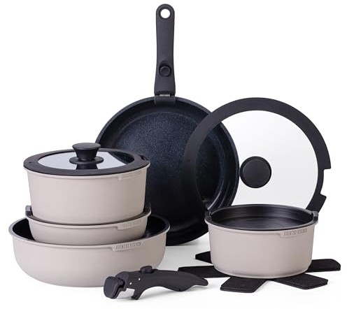 Country Kitchen 16-teiliges Topf- und Pfannen-Set – sicheres Antihaft-Küchengeschirr mit abnehmbarem Soft-Touch-Griff, Wohnmobil-Kochgeschirr-Set, ofenfest (grau)