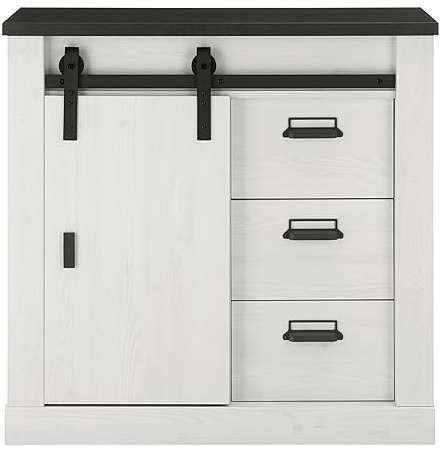 Furn.Design Kommode Sideboard in weiß Pinie Holz und schwarz/anthrazit Wohnzimmerschrank Esszimmerschrank Schubkastenschrank im industriellen Stil Stove (Kommode 2)