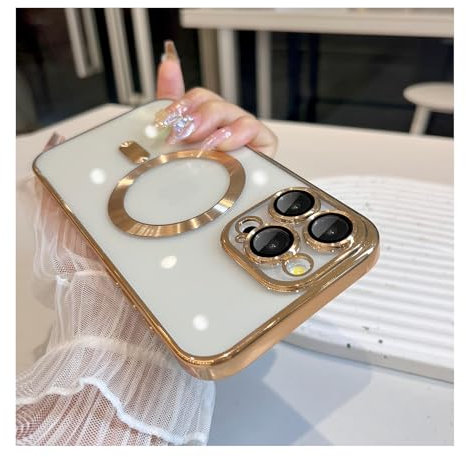 symboly Magnetische Hülle für iPhone 15 Pro Max Hülle mit vollständigem Kameraobjektivschutz [Starke N56-Magnete] [Kompatibel mit Magsafe] Klar Stilvolle Hülle für iPhone 15 ProMax Handyhülle, Gold