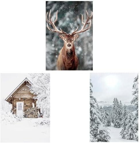 XUEHOU 3 Stück Poster Aesthetic ​Winter Wandbilder Set Moderne Wohnzimmer Bilder Kunstposter Natur Hirsch Wald Schneelandschaft Leinwand A4 weihnachtsbild für Schlafzimmer Wanddeko