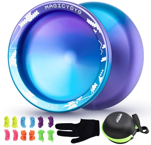 SHUNGRU Unresponsive JoJo für Kinder/Erwachsene JoJo V10 lila blau, Trick Jo-Jo mit Finger Spin Hub, Metall Jo Jo Legierung Aluminium JoJo Ball mit 12 JoJo Saiten, JoJo Koffer und JoJo Handschuh