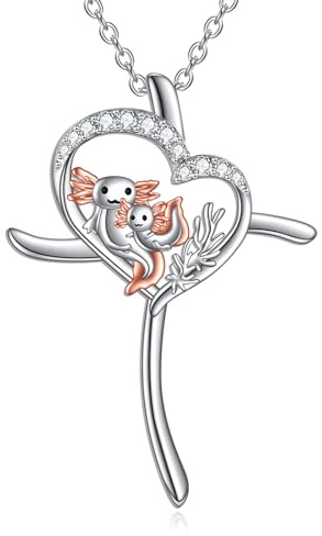 POPLYKE Axolotl Kreuz Anh?nger Halskette für Frauen Tier Mutter und Tochter Halskette Sterling Silber Christlichen Schmuck Geschenke für Frauen
