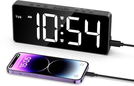 LOFICOPER Digital Alarm Clock, Mains/Battery Powered Bedside Clock with 7 LED Display, 5 Levels Brightness, 3 Volumes, Snooze, Dual Alarms, Desk Clock for Bedroom, Home, Digital Alarm Clocks Bedside