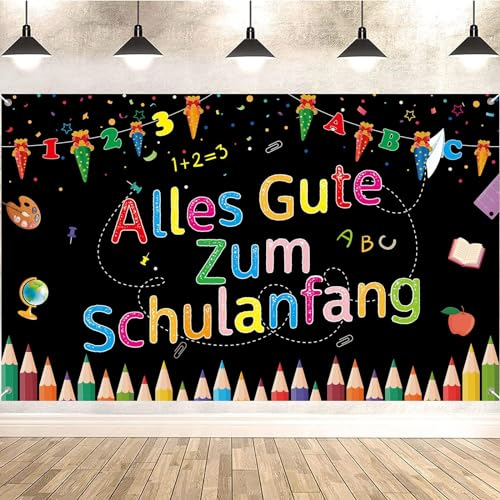 Einschulung Banner Deko, Schulanfang Deko, Polyester Stoff Schwarzer Hintergrund Farbiges Muster Schuleinführung Hintergrund Photo Booth für Einschulung Dekoration für Mädchen Jungen(180 * 110cm)