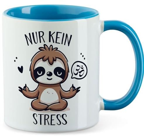 Huuraa Becher Nur keinen Stress Yoga Faultier Geschenk 330ml Blau Nur keinen Stress Geschenkidee