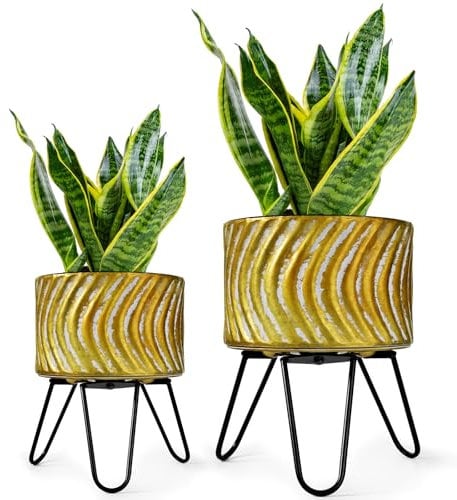 Harvest Land Plant Pots with Stands Metal Planter Handmade Flower Pots with Drainage Holes for Decorative Gardening,2pcs Set Gold