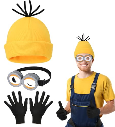 3 Stück Halloween Kostüme für Erwachsene Kinder, Steampunk Brille mit Augen Gelbe Mütze Schwarze Handschuhe Set, Halloween Kostüm Zubehör, Film Kostüm Erwachsene für Halloween Karneval Cosplay Party