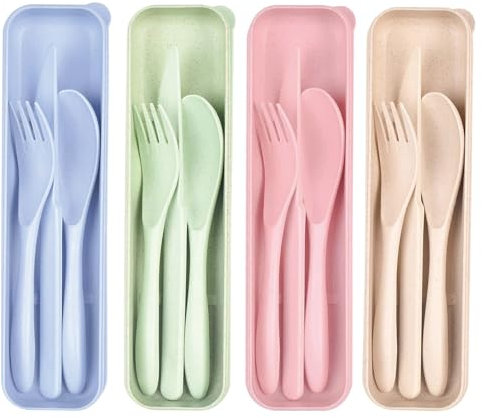 Plastic Cutlery Set, 4 Pcs Reusable Travel Cutlery Set with Case, Portable Camping Cutlery Set Including Knife Spoon Fork for Travel Picnic Camp Or Daily Use (Pink, Green, Blue, Beige)