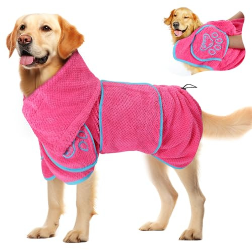 SlowTon Dog Bathrobe Drying Coat – Super Absorbent Microfiber Towel Wrap with Adjustable Collar & Belly Strap, Fast Drying Bath Robe for After Bath Swim, for Large, Medium, Small Dogs (Pink XL)