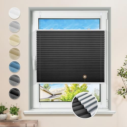 Plissee ohne Bohren Verdunkelung Klemmfix Schwarz 60x100cm Thermo Plissees 100% Verdunklung Rollos für Fenster & Tür Verdunklungsplissee ohne Bohren Sichtschutz und Sonnenschutz