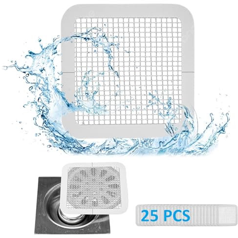 (25 Pack) Disposable Drain Cover & Drain Snake Stickers - 10 cm Square Shower Drain Cover & Hair Catcher for Shower Drain - Perfect for Bath & Kitchen - Mesh Stops Human & Pet Hair
